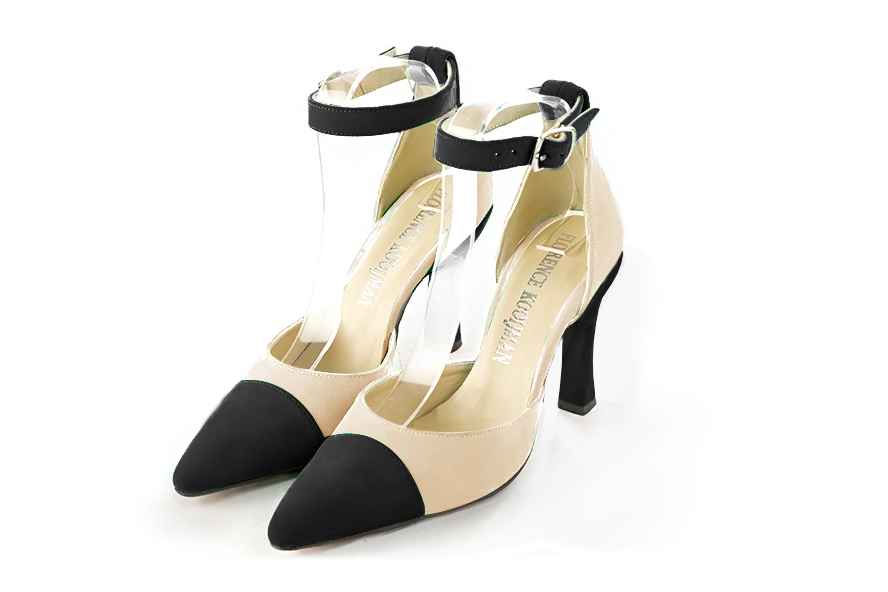 Dress heels closed-back ankle strap in matt black and champagne white leather with high spool heels and tapered toe - Front view